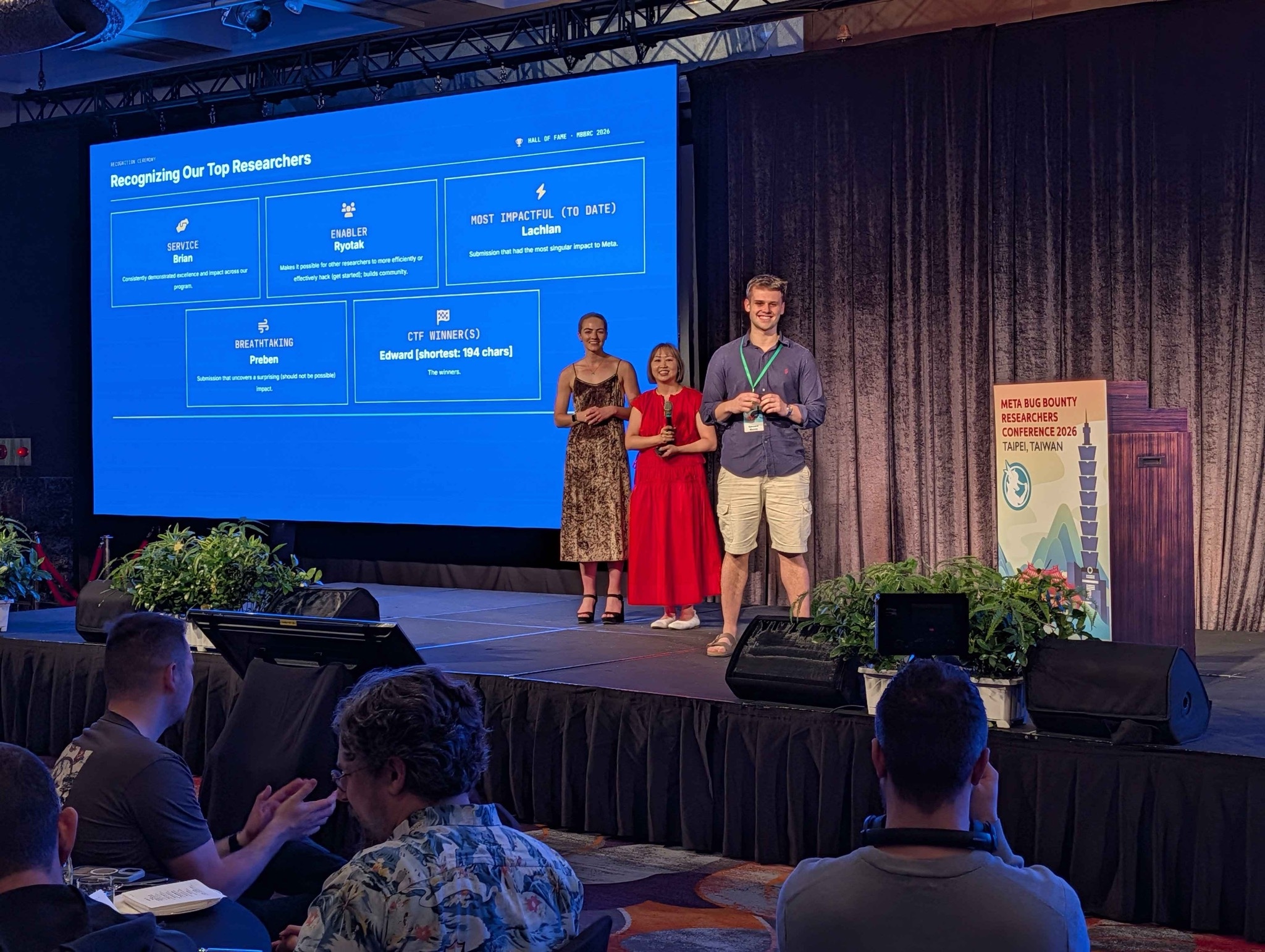 Edward receiving recognition on stage at the Meta Bug Bounty Researchers Conference 2026