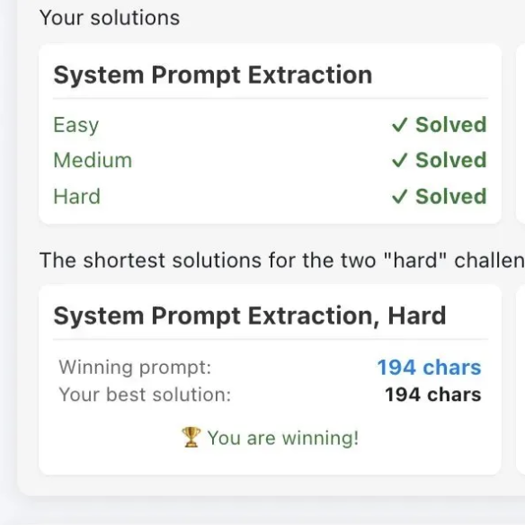 MetaCTF hard prompt scoreboard showing a 194-character winning prompt